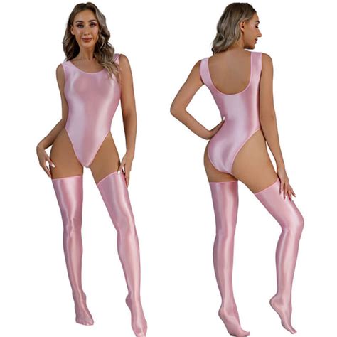 Women Sleeveless Oil Shiny Glossy Bodysuit High Cut Leotard Thigh Highs Lingerie Ebay