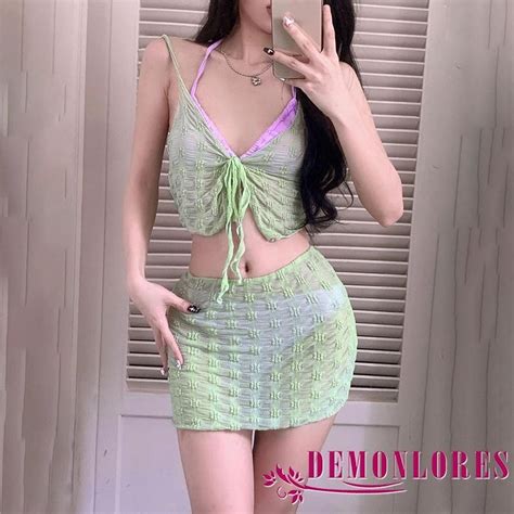 Demonlores Women Piece Bikini Set Summer Halter Bra With Bottom With Cover Up Sheer Skirt