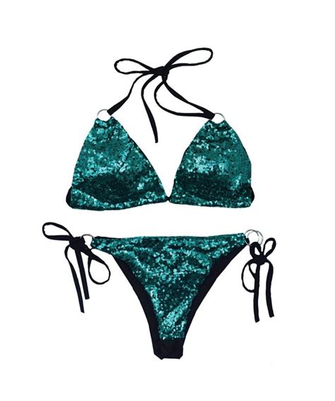 Women S 2 Pcs Triangle Swimwear Sexy Sequin Bling Bikini Swimsuit Set Green C9180MZM405