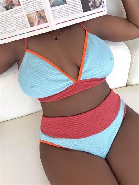 Shein Swim Sprty Plus Ringer Ribbed Bikini Set Buckle Cami Bra High Waisted Bottom Piece