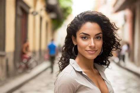 Uma jovem latina muito bonita e atraente olhando para a câmera enquanto caminhava pela rua