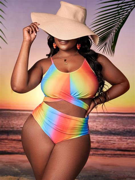 Shein Swim Curve Set Bikini De Ombr Top Sujetador Sin Aro De Espalda Con Cord N Con Tira