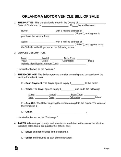 Free Oklahoma Motor Vehicle Bill Of Sale Form Pdf Word Eforms