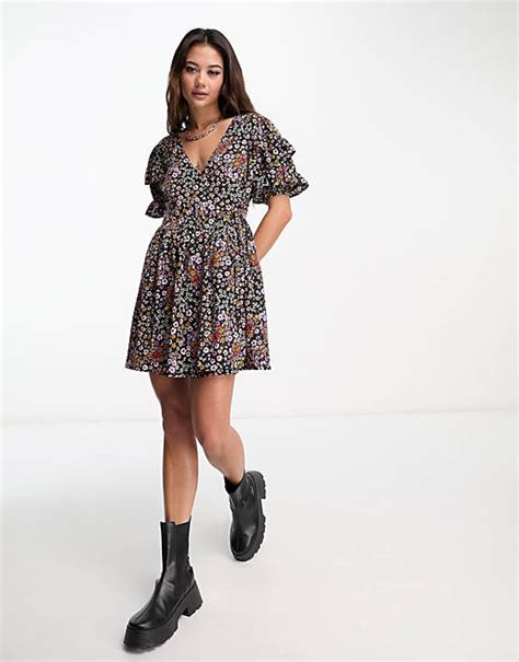 Wednesdays Girl Puff Wrap Mini Dress In Vintage Ditsy Asos