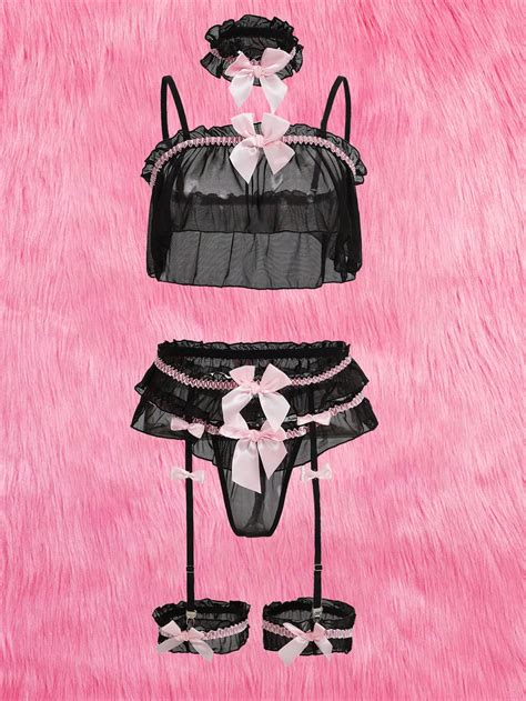 Romwe Anime Pacote Conjunto De Lingerie Frente De Arco Malha Liga