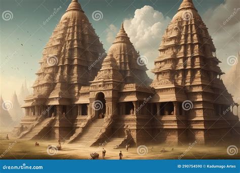 Surreal Landscape With Ancient Vedic Constructions Stock Illustration