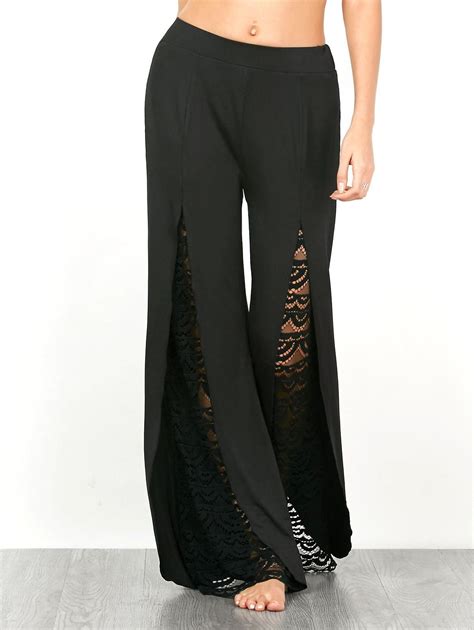 Lace Insert High Split Palazzo Pants In Black S Rosegal