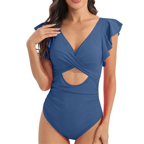 Luxalzxs One Piece Swimsuit with Built in Bras Women Tummy Control V