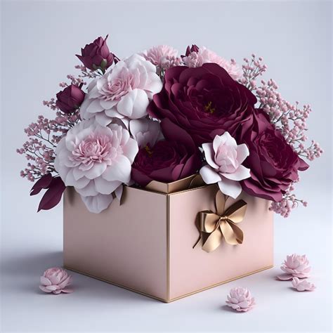 Una Caja De Flores Con Un Lazo Dorado Y Una Rosa Rosa Imagen Premium