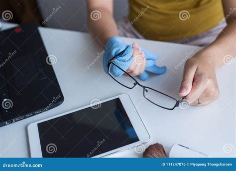 Hand Woman Cleaning Her Glasses With Clothclean Lenses Of Eyeglasses Stock Image Image Of