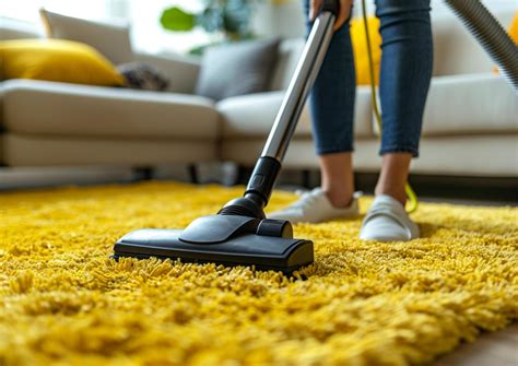Woman cleaning with vacuum cleaner carpet in the living room at home