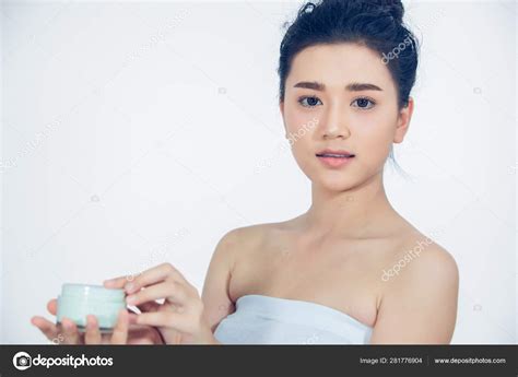 Beautiful Asian Woman Naked Shoulders Using Skin Care Moisturizing Cream Stock Photo Tui