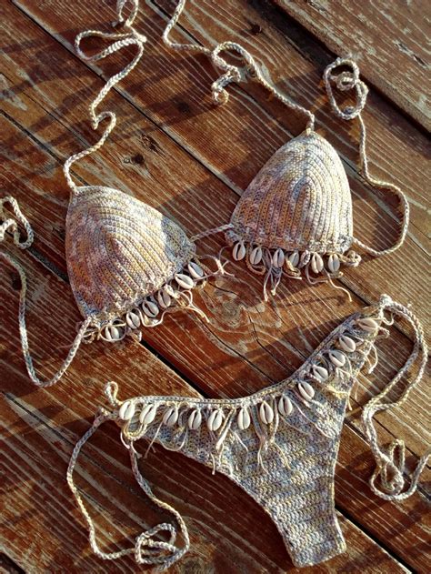 Crochet Bikini Set Beige Bikini With Cowrie Sea Shells Bikini Etsy