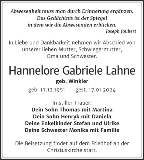 Traueranzeigen Von Hannelore Gabriele Lahne Abschied Nehmen De