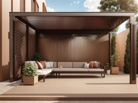 Renderização 3D Lúvera bioclimática pérgola Cor marrom Design