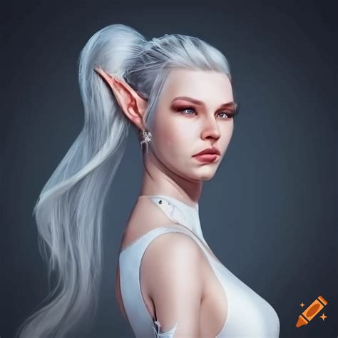 Portrait Of A Powerful Elf Woman In Elegant Attire With Silver Hair On