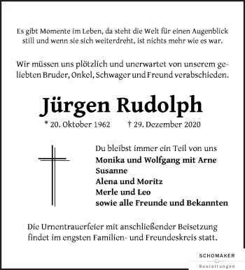 Traueranzeigen von Jürgen Rudolph Trauer Gedenken