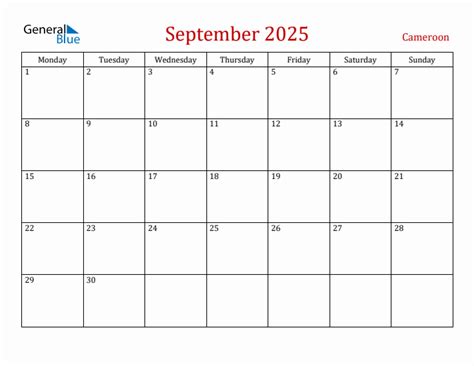 September 2025 - Cameroon Monthly Calendar with Holidays
