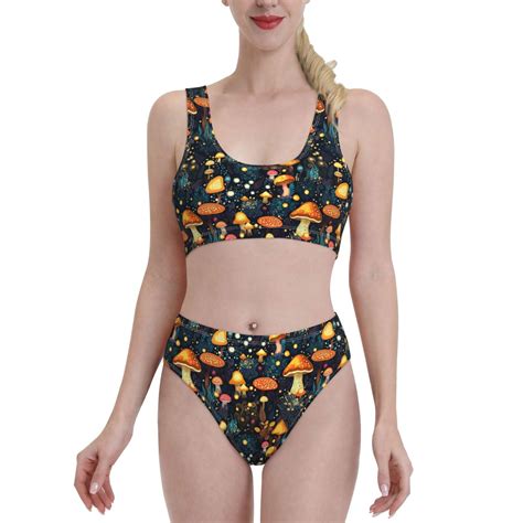 Logiee Colorful Plants Mushroom Print Women S 2 Piece Bikini Set Halter Bathing Suit High