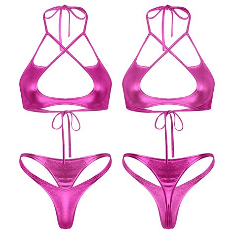 Women Hot Pink Metallic Shiny Pcs Pure Bikini Set Swimwear Lace Up Halter Bra With Briefs
