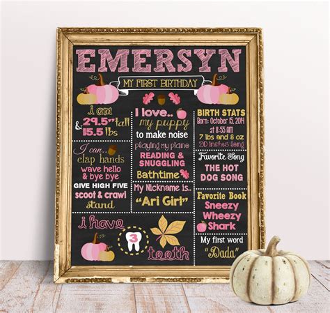 First Birthday Chalkboard Printable Poster Fall Pink Gold Etsy