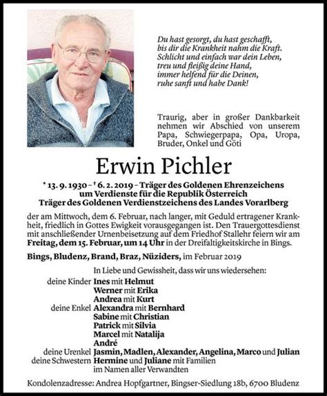 Todesanzeigen Von Erwin Pichler Todesanzeigen Vorarlberger Nachrichten