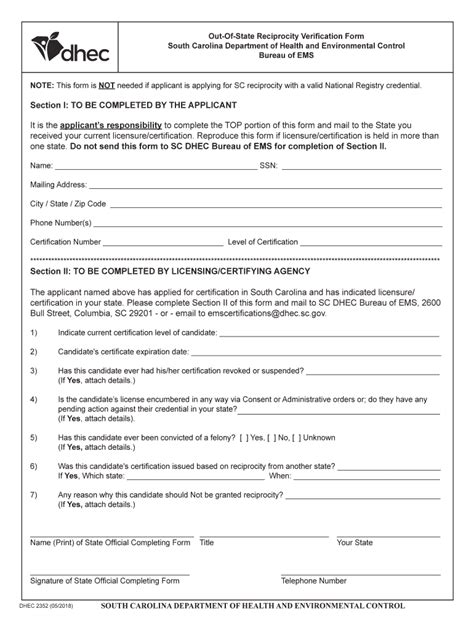 Fillable Online D 2352out Of State Reciprocity Verification Form The Sc Fax Email Print