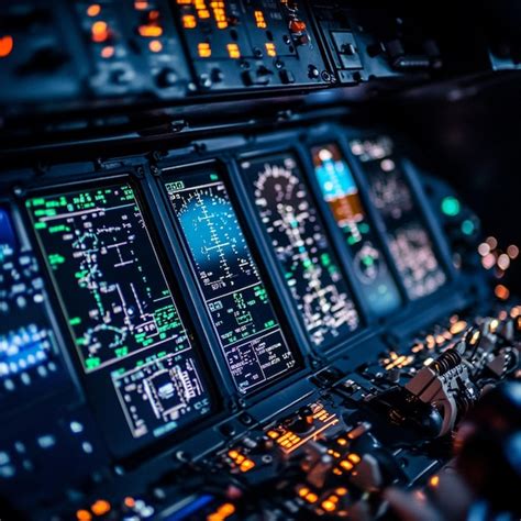 A closeup of avionics systems and cockpit displays in a modern aircraft ...