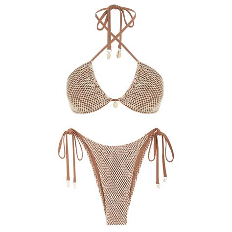 Zaful Women S Bikini Set Fishnet Triangle Tie Convertible Collar Halter Bandeau Shell Two Piece