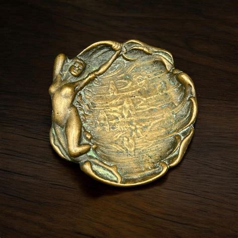 Art Nouveau Naked Woman Figure On Brass Pin Dish Pocket Coin Or Ring Dish Antique