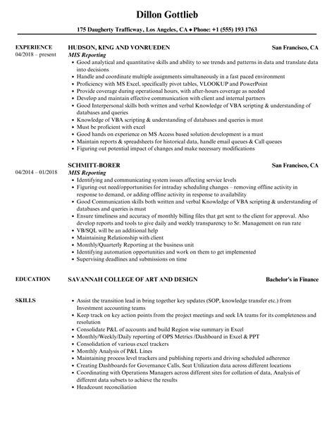 Mis Reporting Resume Samples Velvet Jobs