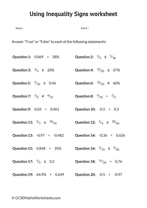 Using Inequality Signs Worksheet Literal Equations Algebra