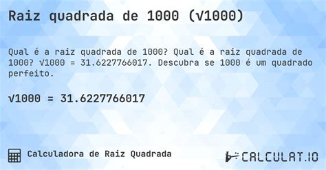 Qual E A Raiz Quadrada De 1000 - Raiz quadrada de 1000 (√1000) - Calculatio