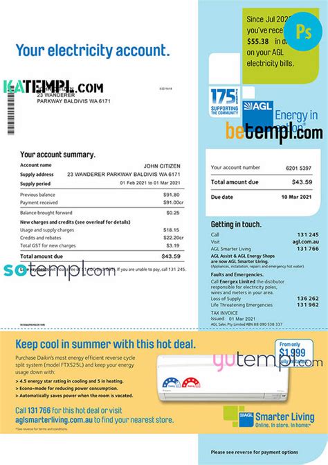 Australia Agl Electricity Utility Bill Template Fully Editable In Psd