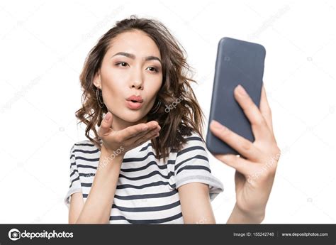 Woman Taking Selfie On Smartphone — Stock Photo © Allaserebrina 155242748