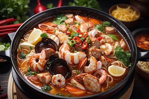 Premium Ai Image Noodles Spicy Boil With Seafood Shrimp Vegetable Food And Pork In Hot Pot