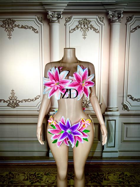 Sexy Colorful Big Flowers Transparent Bikini Dress Women Dancer Show Stretch Stage Costume