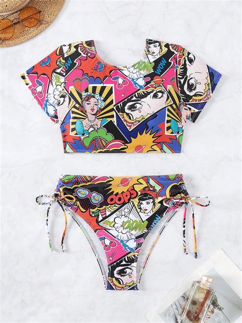 SHEIN Swim Y2GLAM Pop Art Print Drawstring Side Bikini Swimsuit SHEIN USA
