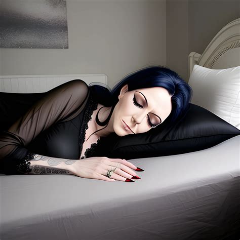 A Mature Goth Teenage Girl Wearing A Black Dress Laying Down In Bed Cuddling A Pillow While
