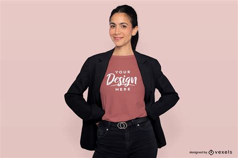 Brunette Woman With Blazer And T Shirt Mockup PSD Editable Template