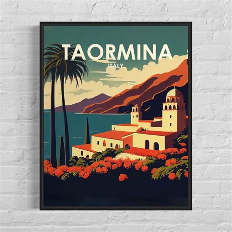 Taormina Italy Retro Art Print Taormina Italy Wall Art Illustration