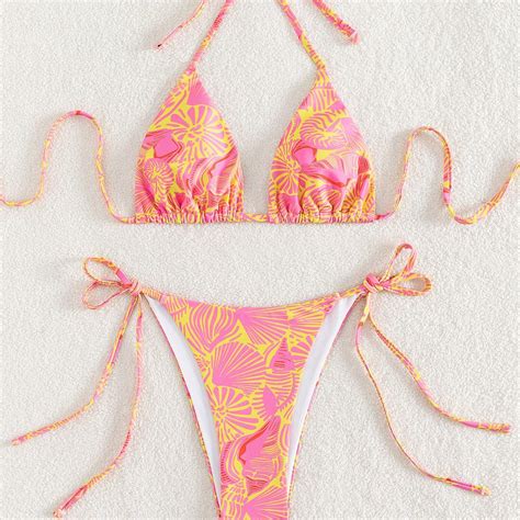Swim Mod Summer Beach Allover Print Bikini Set Halter Triangle Bra Tie Side Bottom Piece