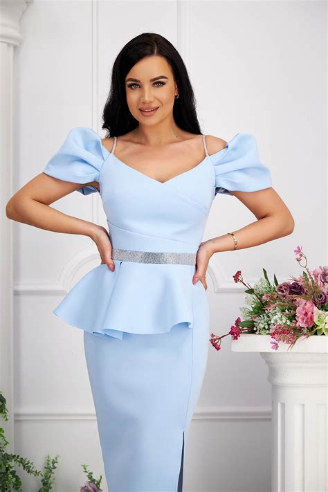 Rochie Din Neopren Albastru Deschis Midi Tip Creion Cu Peplum Si