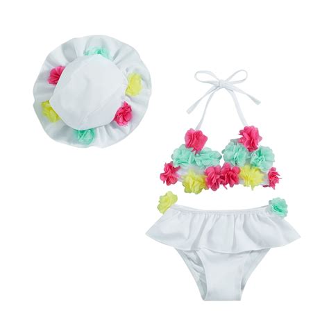 Infant Baby Girl Piece Bikini Set Halter Sleeveless Swimsuits Top Swim Shorts Hat Swimwear