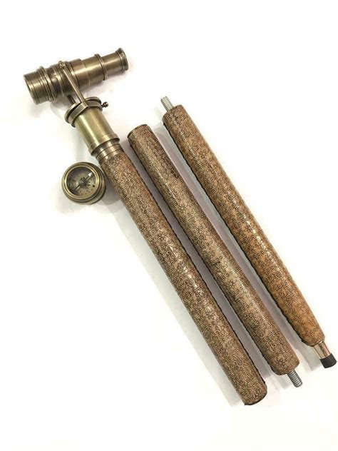 Brass Hidden Telescope Walking Stick Leather With Compass on Top - Etsy UK