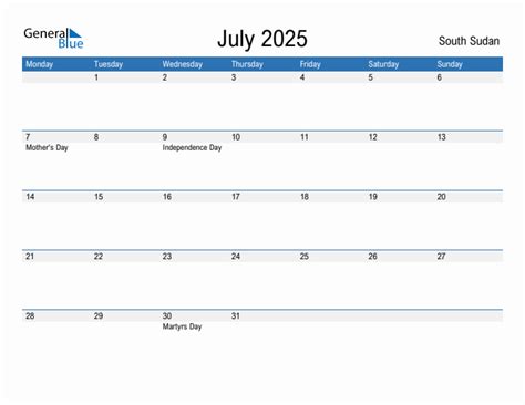 Editable july 2025 calendar with south sudan holidays