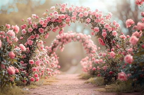 Premium Photo A Pink Rose Arch In The Middle Of A Garden Generative Ai
