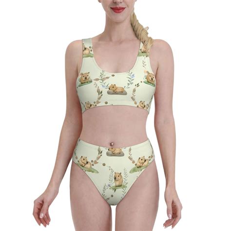 High Waisted Bikini Sets For Women Plant Capybara Print Piece