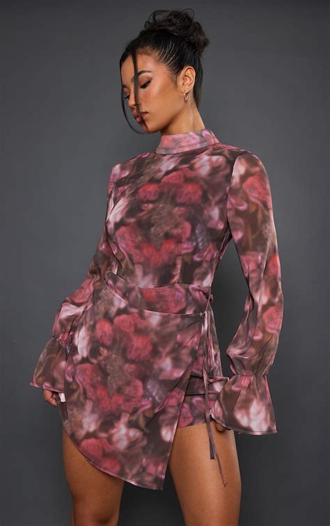 Multi Blurred Floral Print Chiffon Wrap Playsuit Jumpsuits