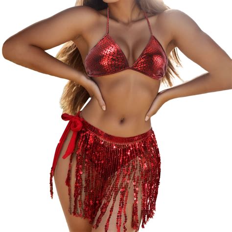 VBARHMQRT Female Maternity Swimwear Two Piece Tassel Sequin Swimsuit Three Piece Swimsuit Bikini